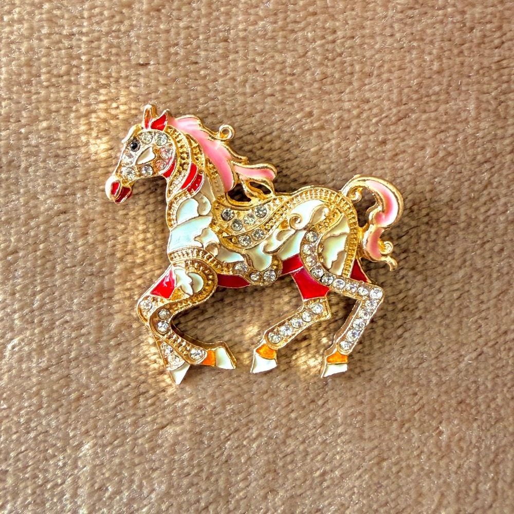 Mint Enamel Horse Brooch Gold Tone Crystal Rhinestone Equestrian Pin Pink